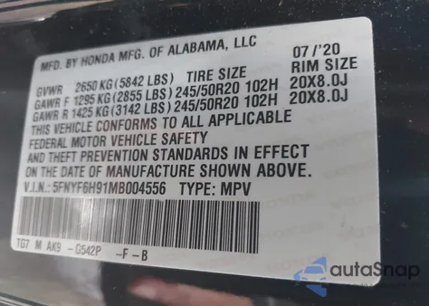 2021 Honda Pilot Awd Touring 8 Passenger из США, поврежденный, VIN 5FNYF6H91MB004556